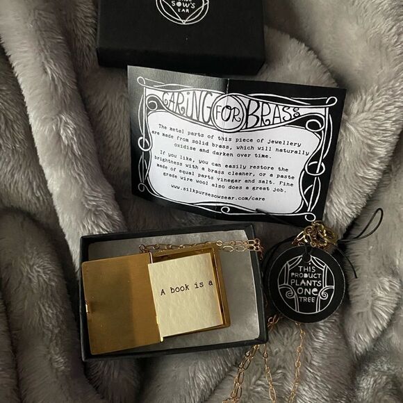*NWT* Silk Purse Sow’s Ear Brass Book Long Chain Necklace - Picture 1 of 14